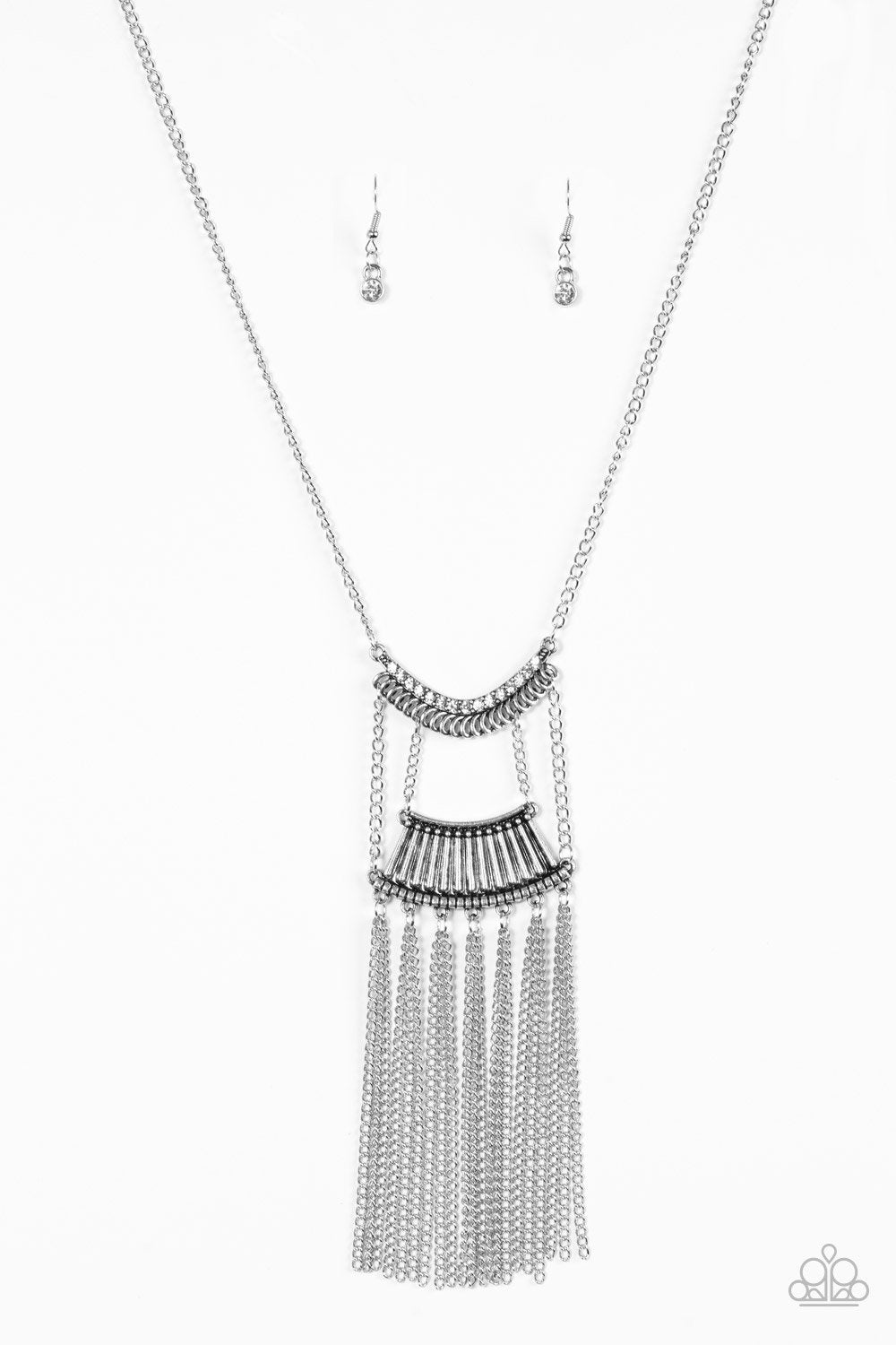 Glam Goddess Long Silver and White Necklace - Paparazzi Accessories-CarasShop.com - $5 Jewelry by Cara Jewels