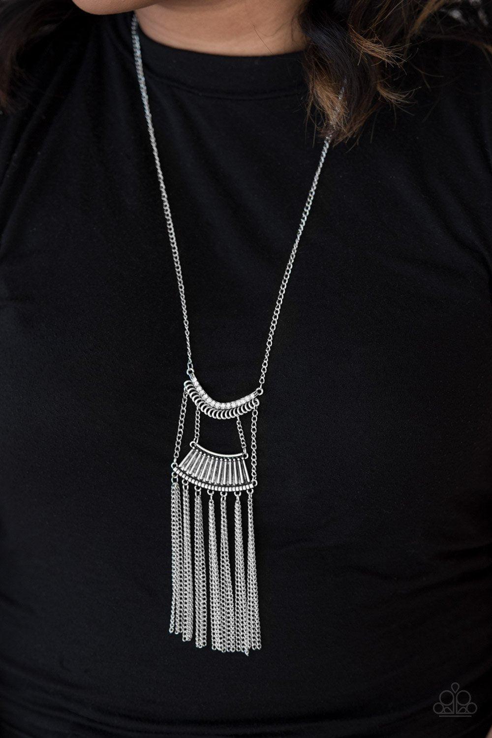 Glam Goddess Long Silver and White Necklace - Paparazzi Accessories-CarasShop.com - $5 Jewelry by Cara Jewels