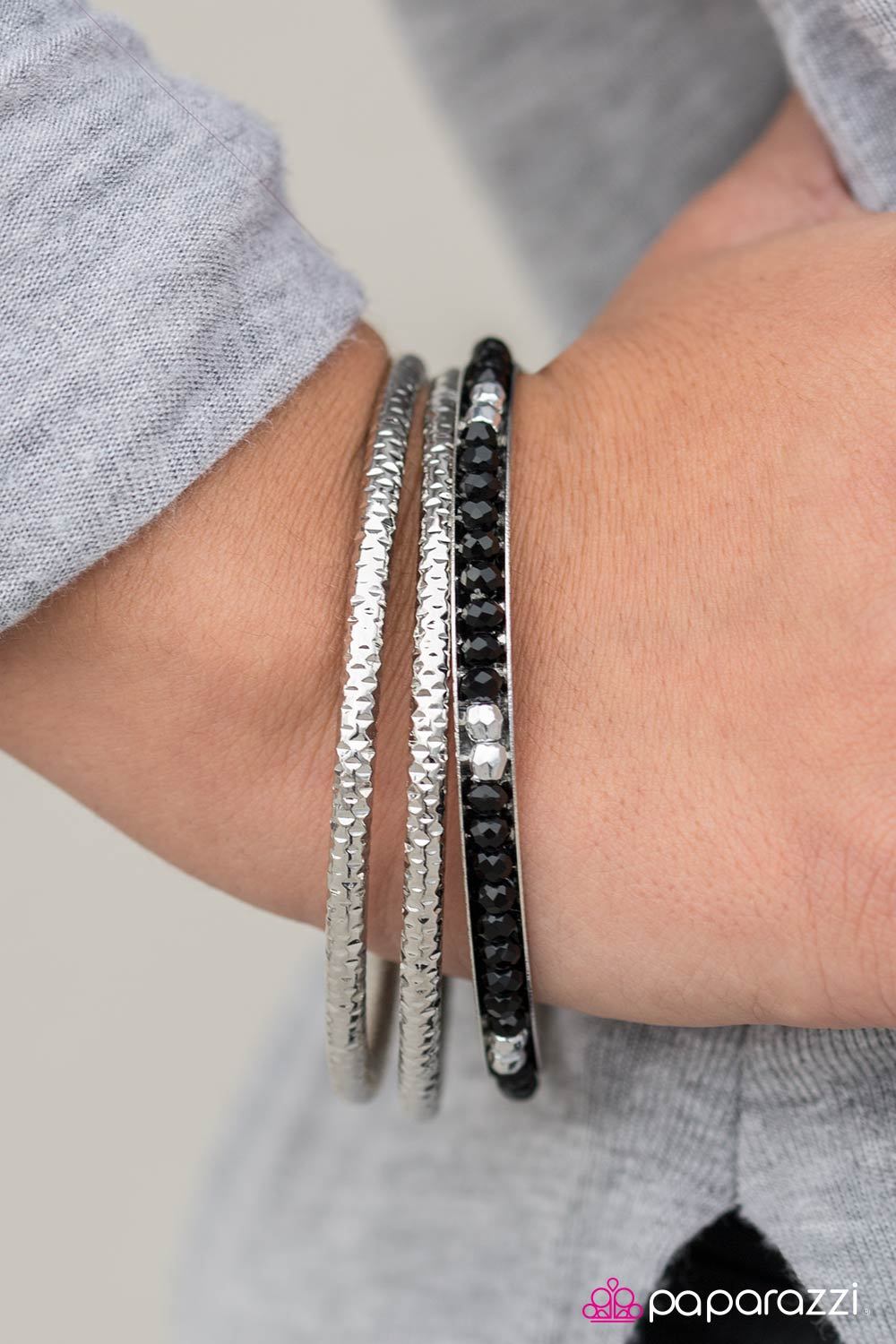 GLAM On! Black and Silver Bangle Bracelet Set - Paparazzi Accessories-CarasShop.com - $5 Jewelry by Cara Jewels