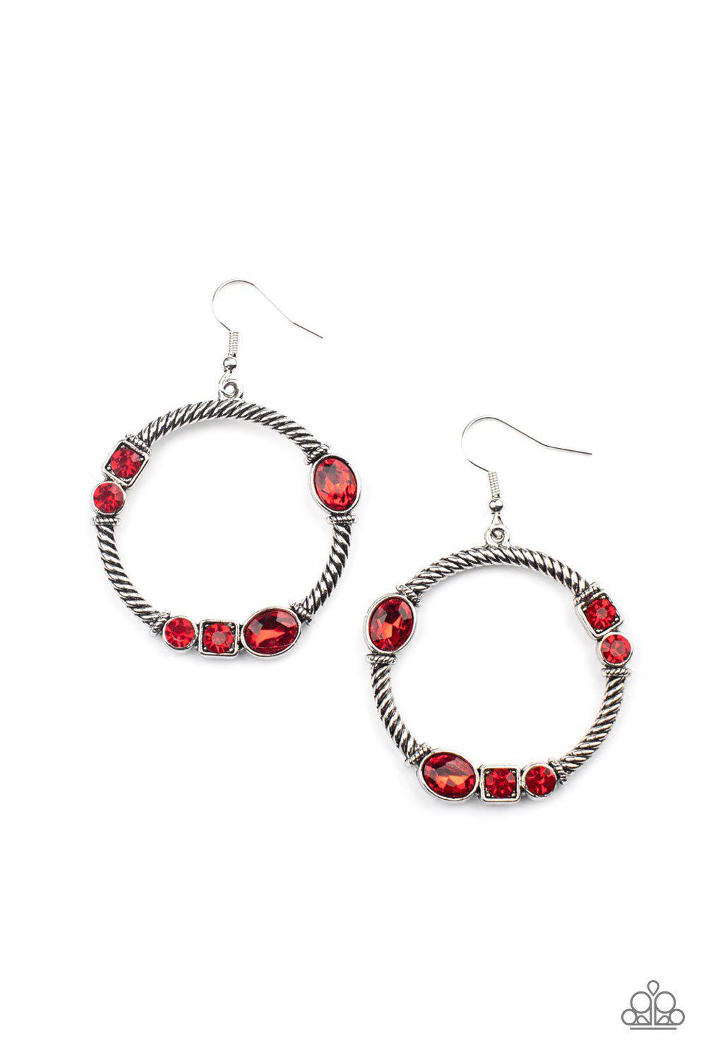 Glamorous Garland Red Rhinestone and Silver Earrings - Paparazzi Accessories- lightbox - CarasShop.com - $5 Jewelry by Cara Jewels