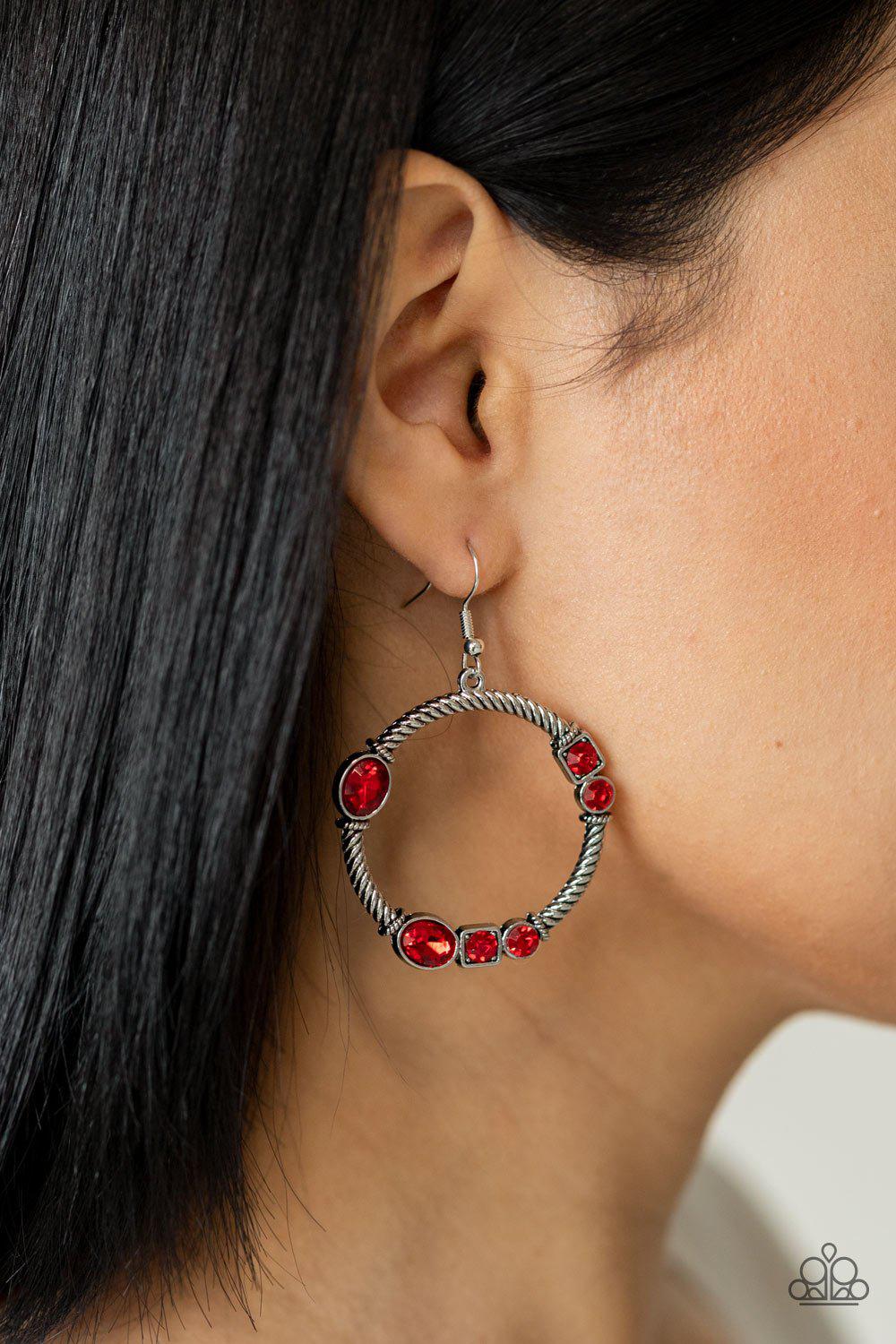 Glamorous Garland Red Rhinestone and Silver Earrings - Paparazzi Accessories- model - CarasShop.com - $5 Jewelry by Cara Jewels