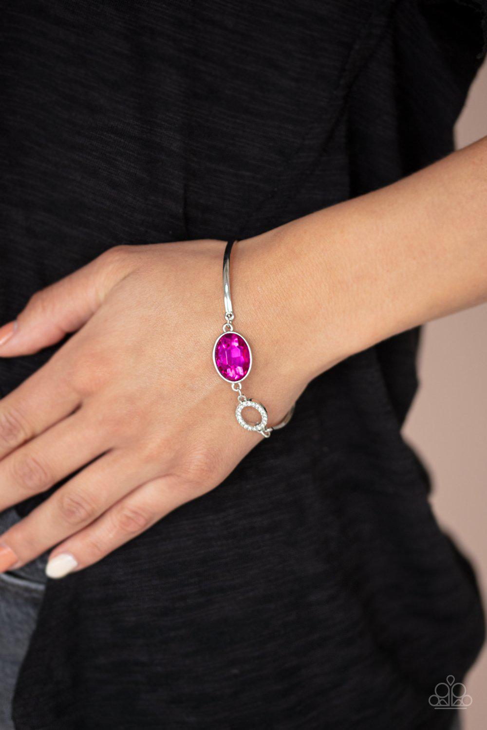 Glamorous Glow Pink and White Rhinestone Bracelet - Paparazzi Accessories-CarasShop.com - $5 Jewelry by Cara Jewels