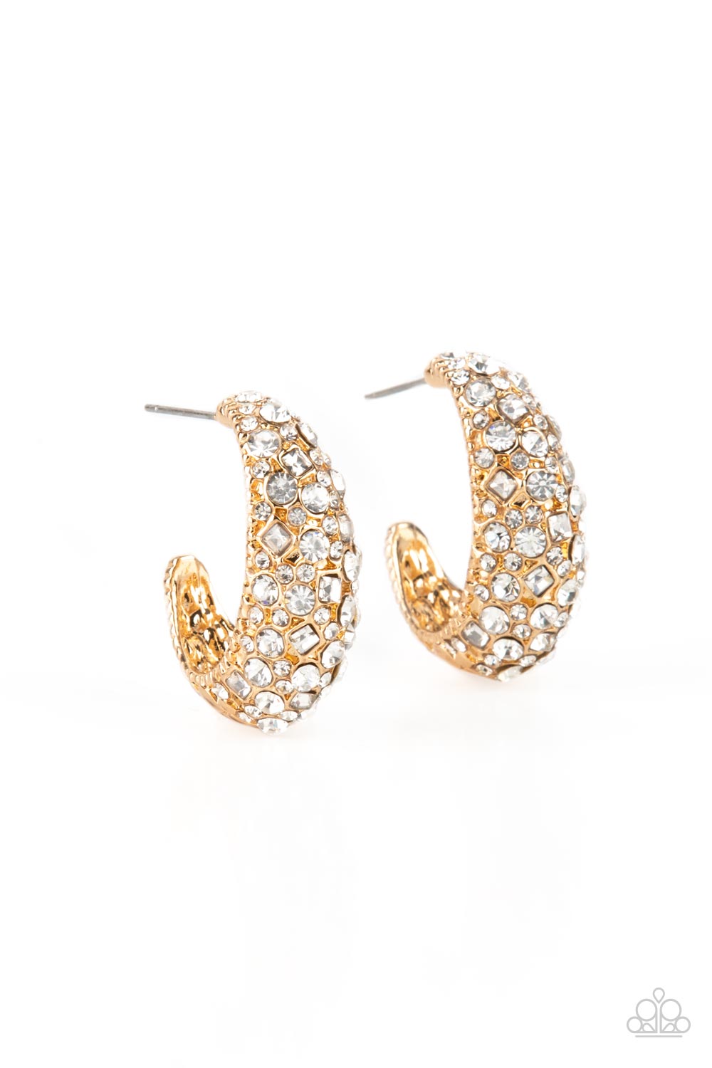 Glamorously Glimmering Gold &amp; White Rhinestone Hoop Earrings - Paparazzi Accessories- lightbox - CarasShop.com - $5 Jewelry by Cara Jewels