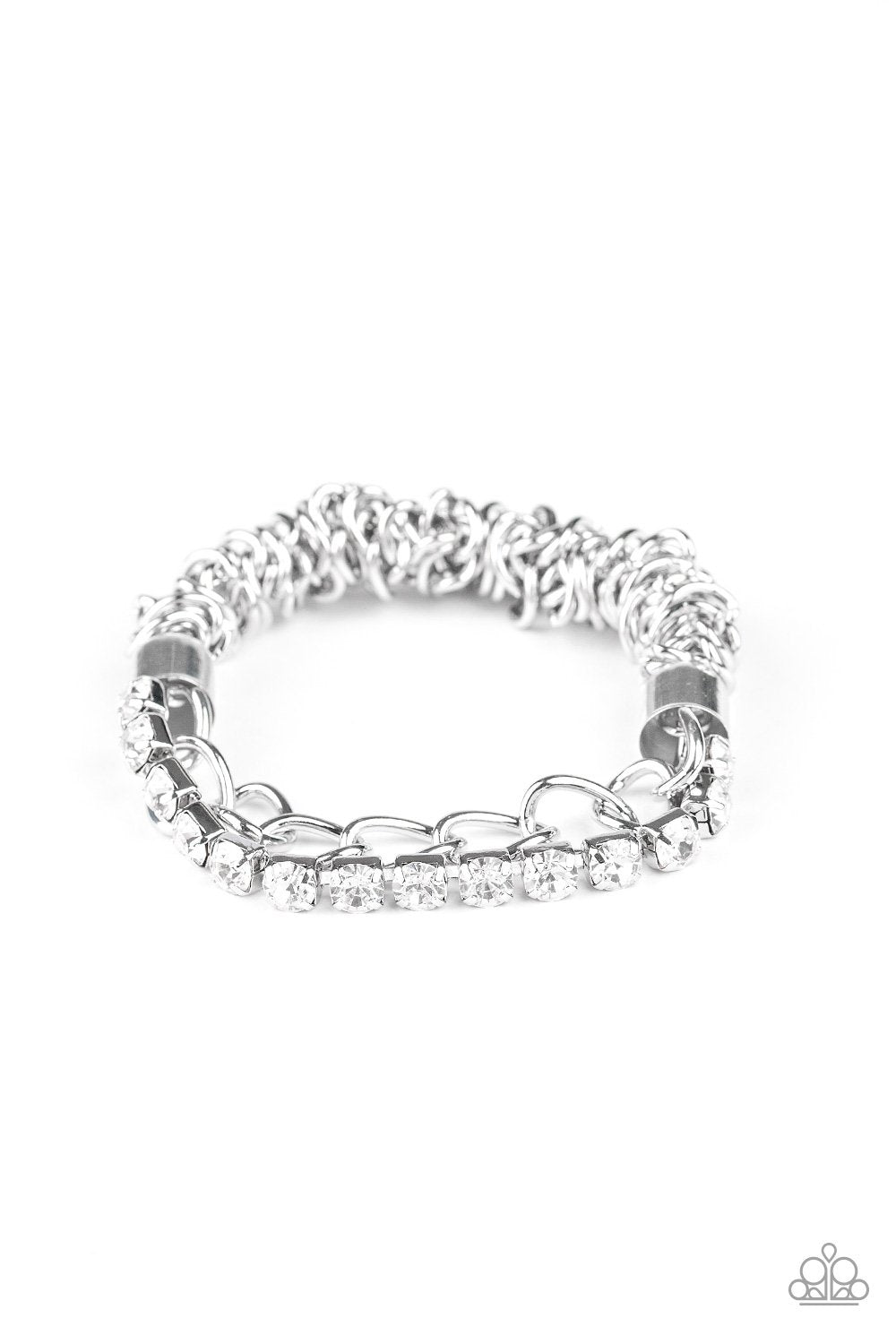 Glamour Grid White Rhinestone and Silver Chain Bracelet - Paparazzi Accessories-CarasShop.com - $5 Jewelry by Cara Jewels