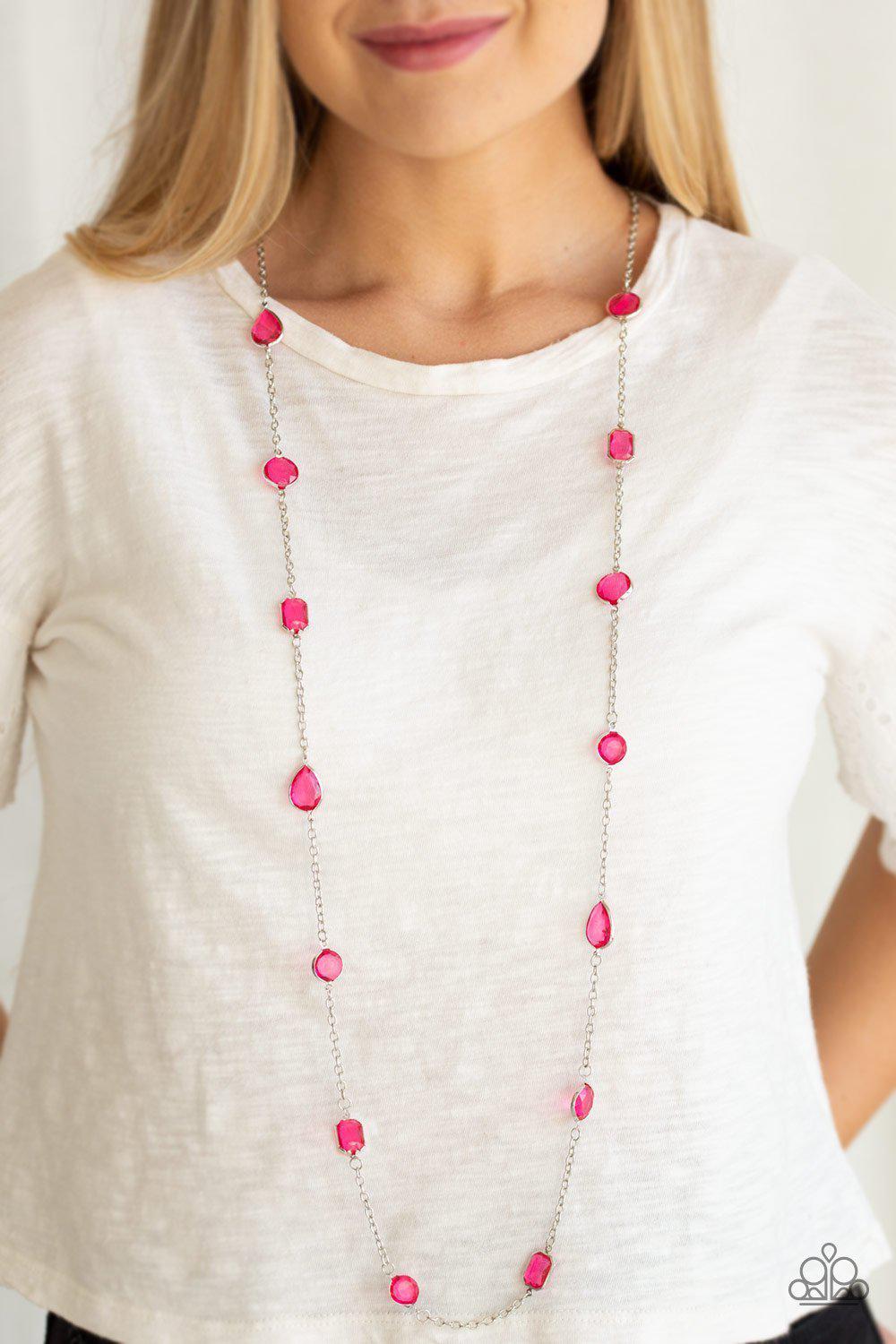 Glassy Glamorous Pink and Silver Necklace - Paparazzi Accessories - model -CarasShop.com - $5 Jewelry by Cara Jewels