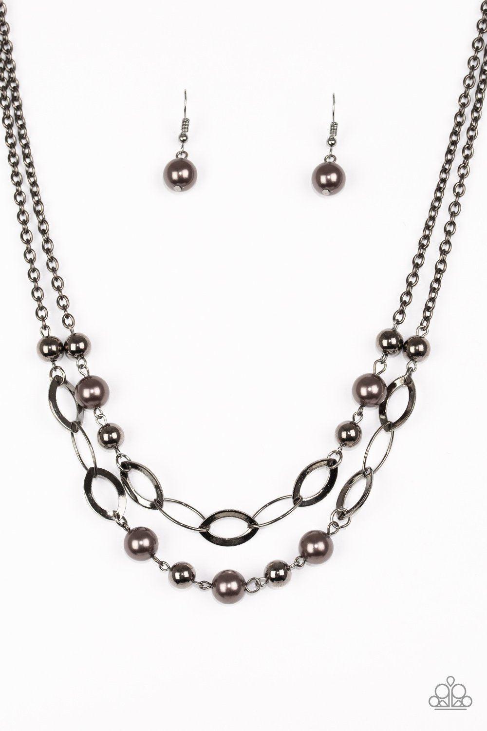 GLIMMER Takes All - Black Gunmetal Necklace and matching Earrings - Paparazzi Accessories-CarasShop.com - $5 Jewelry by Cara Jewels