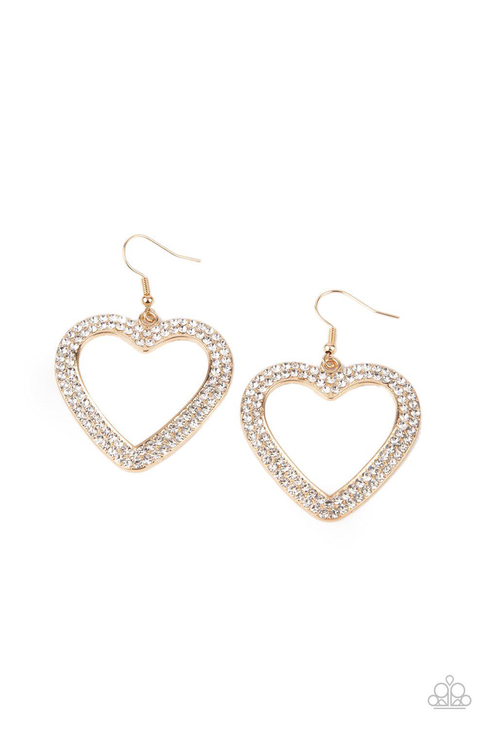 GLISTEN To Your Heart Gold and White Rhinestone Heart Earrings - Paparazzi Accessories - lightbox -CarasShop.com - $5 Jewelry by Cara Jewels