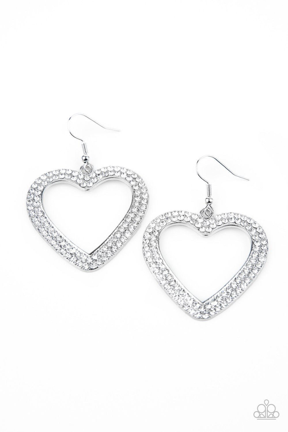GLISTEN To Your Heart Silver and White Rhinestone Heart Earrings - Paparazzi Accessories - lightbox -CarasShop.com - $5 Jewelry by Cara Jewels