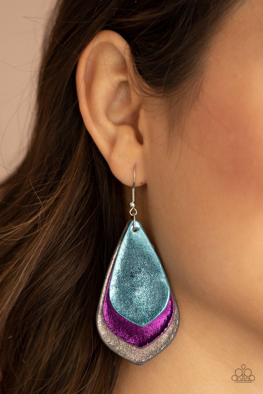 GLISTEN Up! Multi Blue and Purple Leather Earrings - Paparazzi Accessories- model - CarasShop.com - $5 Jewelry by Cara Jewels