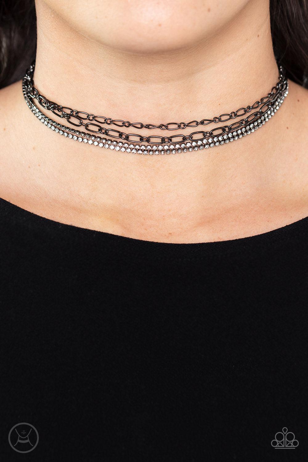 Glitter and Gossip Gunmetal Black Choker Necklace - Paparazzi Accessories-on model - CarasShop.com - $5 Jewelry by Cara Jewels