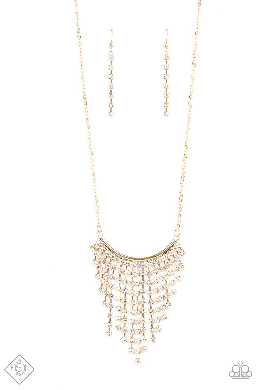 Glitter Bomb Gold and White Rhinestone Fringe Necklace - Paparazzi Accessories-CarasShop.com - $5 Jewelry by Cara Jewels