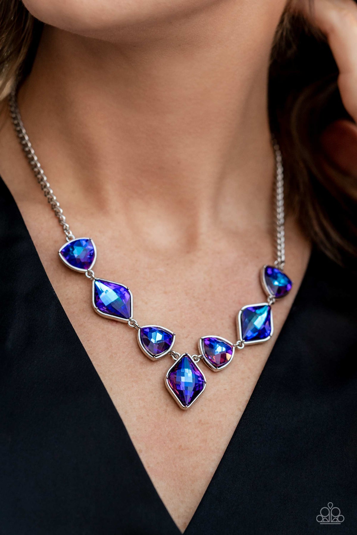 Glittering Geometrics Blue Necklace - Paparazzi Accessories-on model - CarasShop.com - $5 Jewelry by Cara Jewels