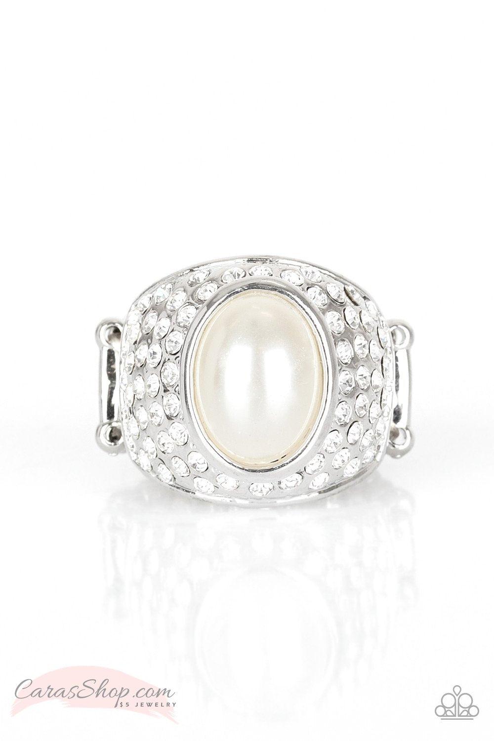Glittering Go-Getter White Pearl Ring - Paparazzi Accessories-CarasShop.com - $5 Jewelry by Cara Jewels