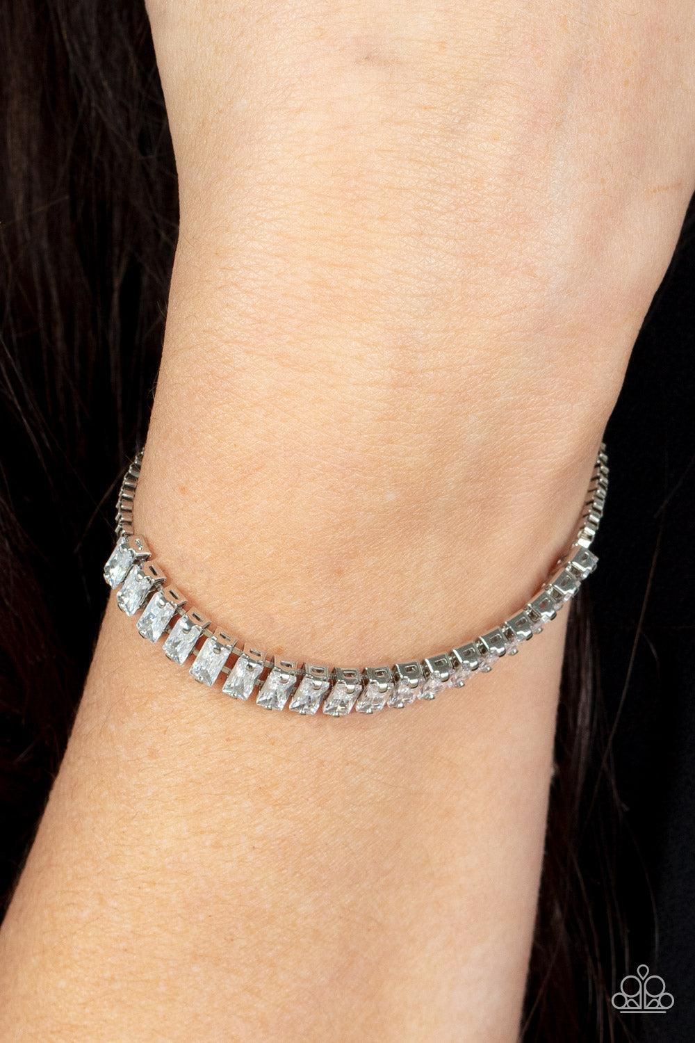 Glitz and Glimmer White Rhinestone Slide Bracelet - Paparazzi Accessories-on model - CarasShop.com - $5 Jewelry by Cara Jewels