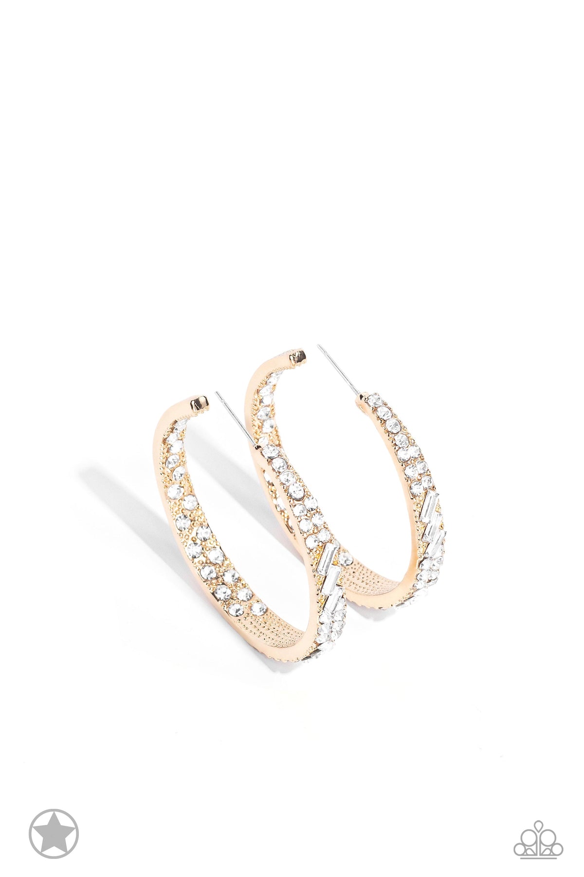 GLITZY By Association Gold &amp; White Rhinestone Hoop Earrings - Paparazzi Accessories- lightbox - CarasShop.com - $5 Jewelry by Cara Jewels