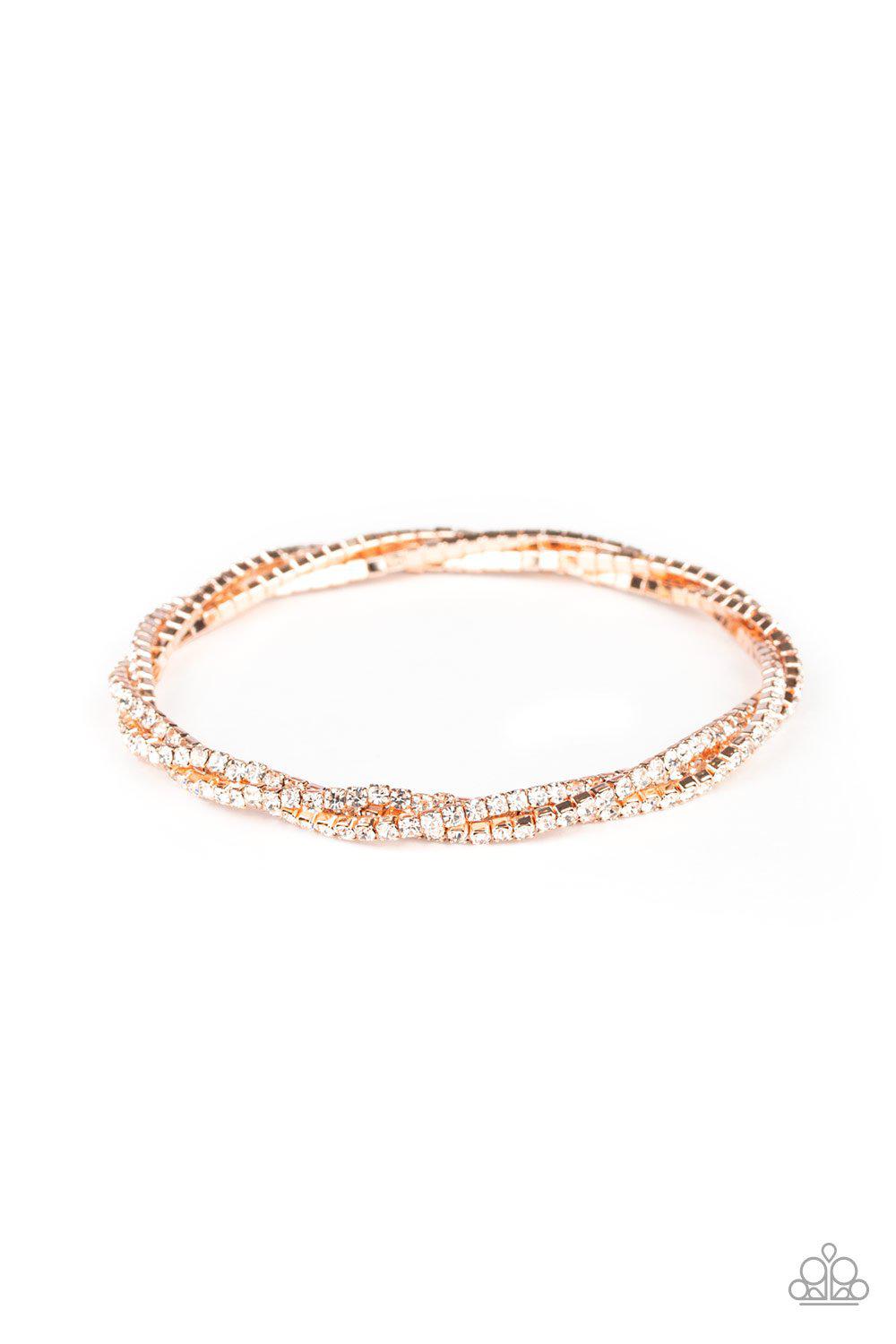 Glitzy Gleam Rose Gold and Rhinestone Bracelet - Paparazzi Accessories-CarasShop.com - $5 Jewelry by Cara Jewels