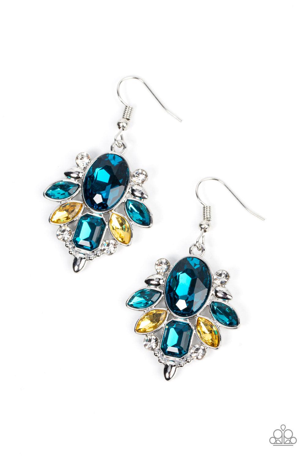 Glitzy Go-Getter Multi Blue & Yellow Rhinestone Earrings - Paparazzi Accessories- lightbox - CarasShop.com - $5 Jewelry by Cara Jewels