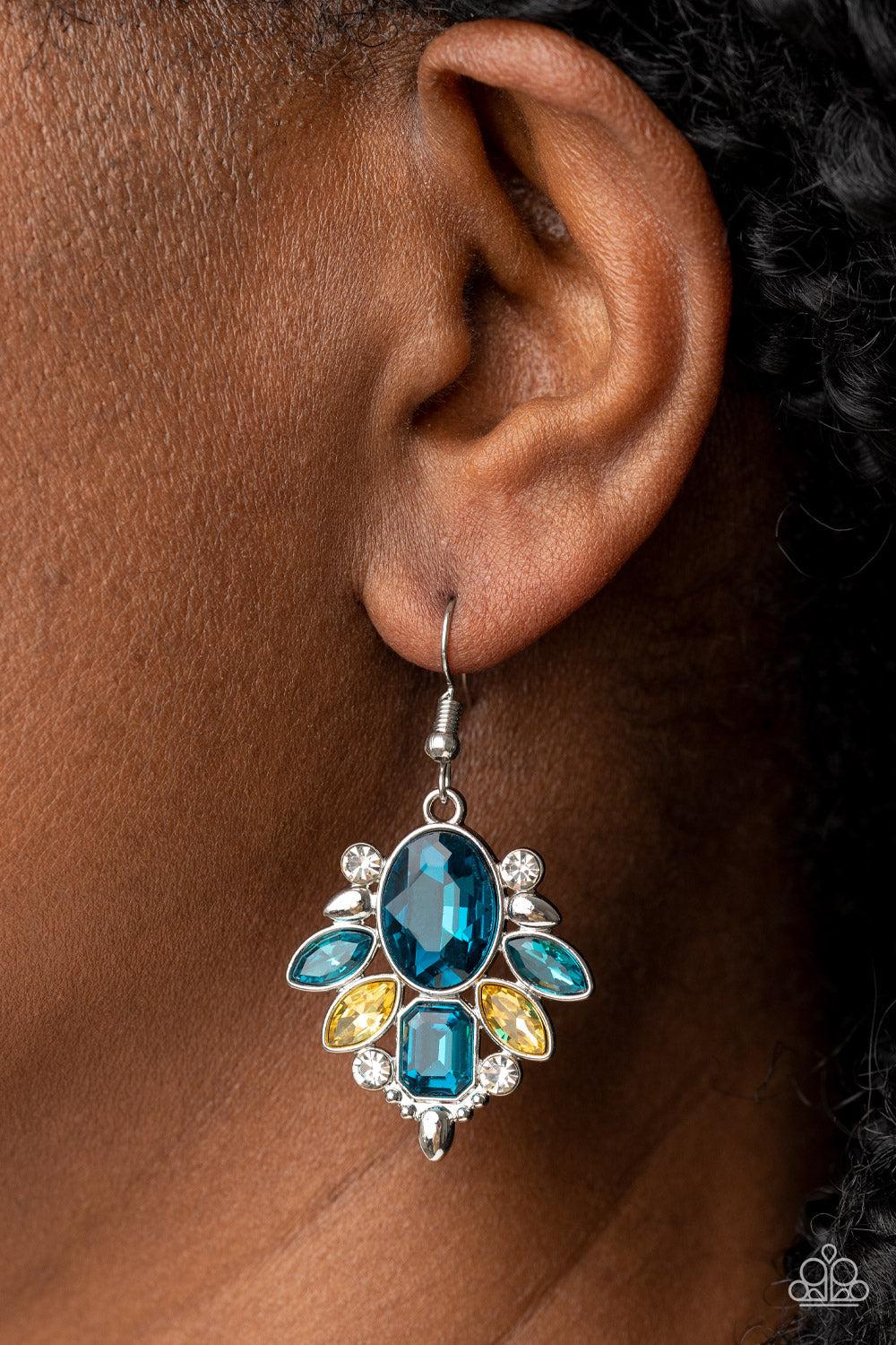 Glitzy Go-Getter Multi Blue &amp; Yellow Rhinestone Earrings - Paparazzi Accessories-on model - CarasShop.com - $5 Jewelry by Cara Jewels