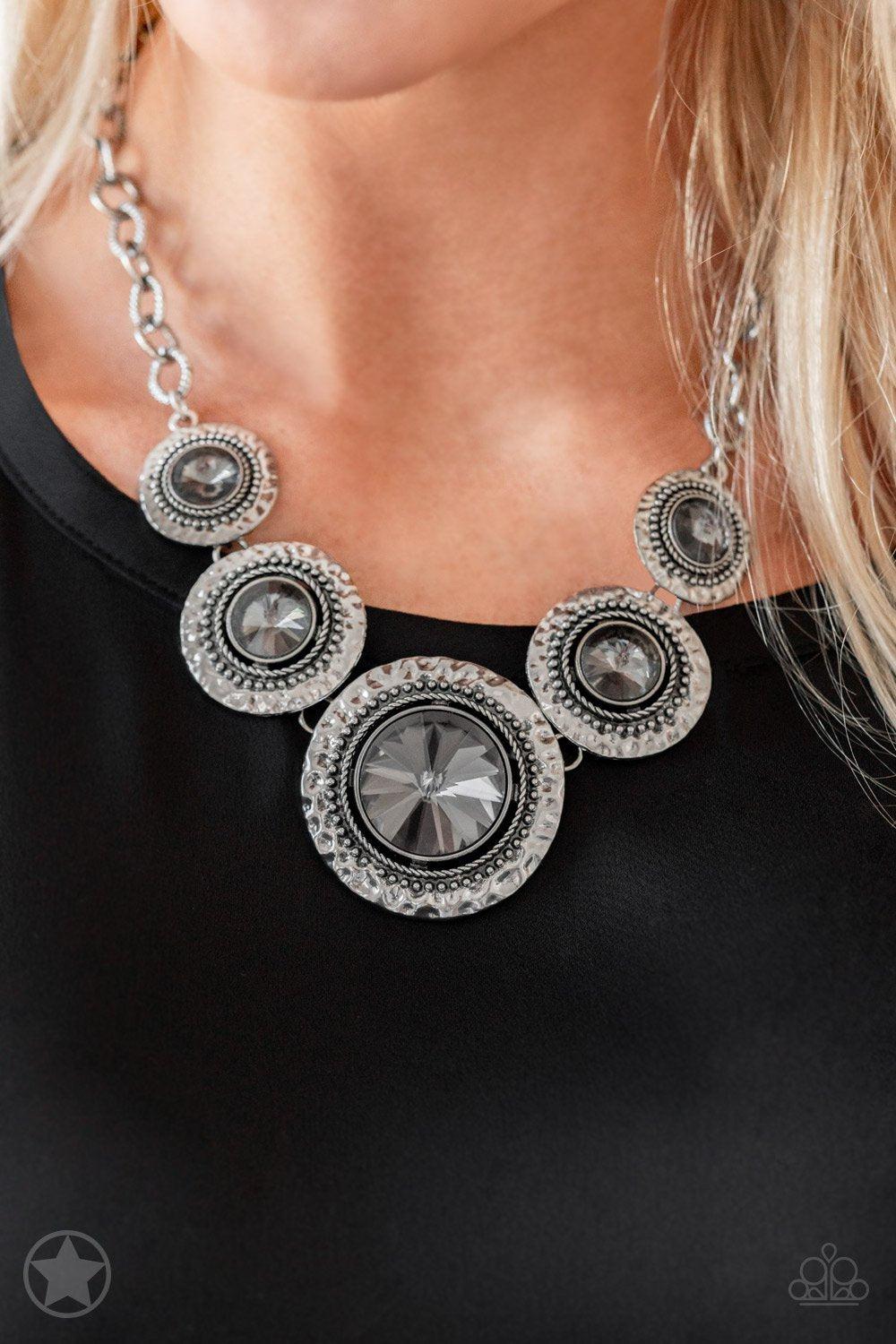 Global Glamour Silver and Smoky Gem Necklace and matching Earrings - Paparazzi Accessories - model -CarasShop.com - $5 Jewelry by Cara Jewels