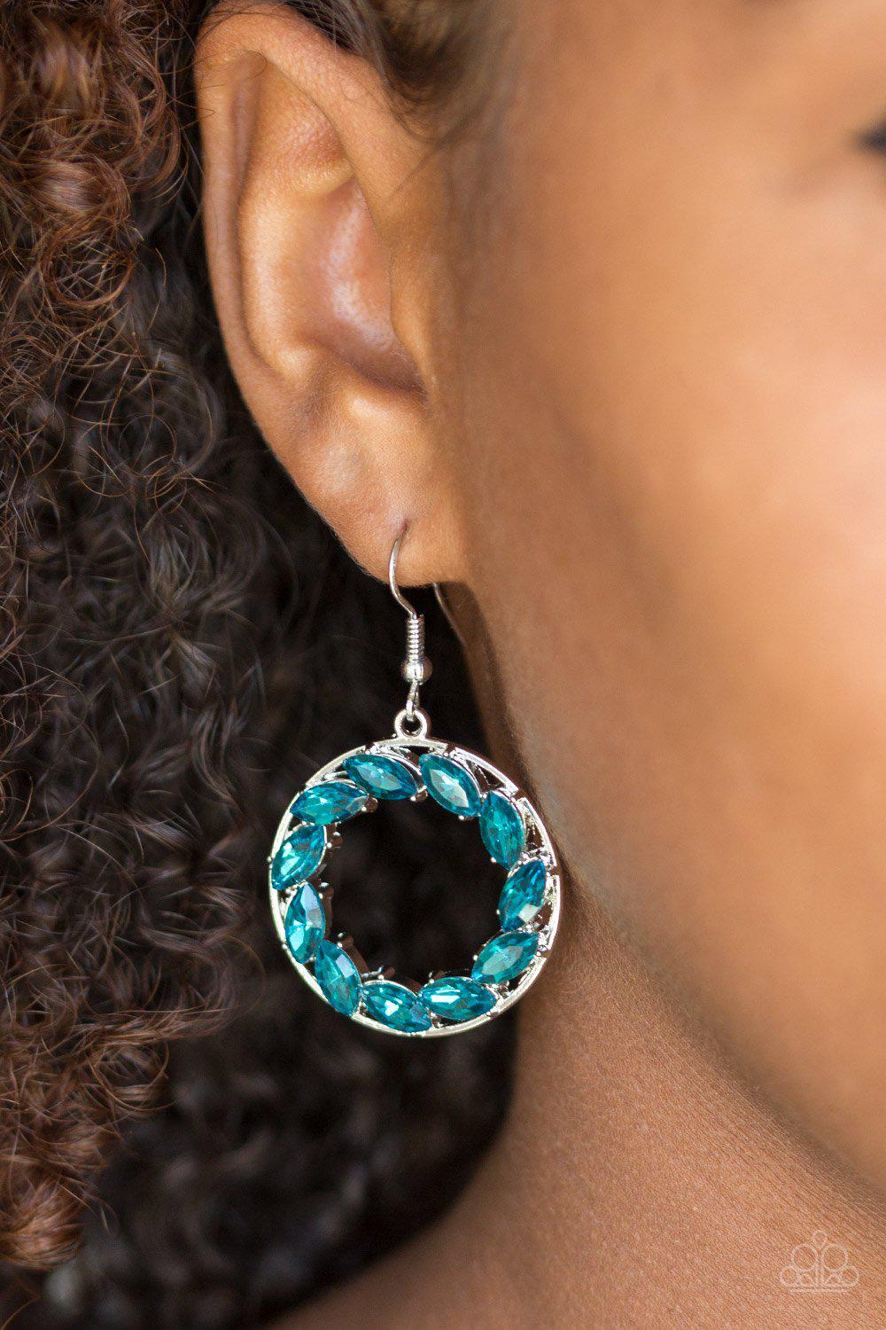 Global Glow Blue Rhinestone Earrings - Paparazzi Accessories-CarasShop.com - $5 Jewelry by Cara Jewels