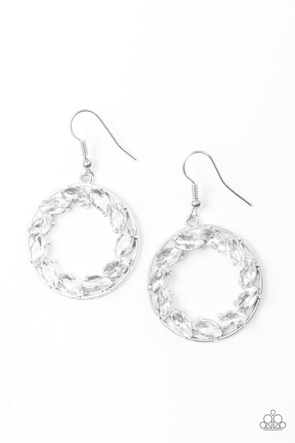 Global Glow White Rhinestone Earrings - Paparazzi Accessories-CarasShop.com - $5 Jewelry by Cara Jewels