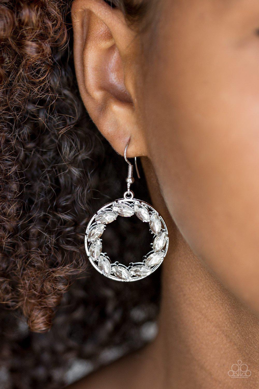 Global Glow White Rhinestone Earrings - Paparazzi Accessories-CarasShop.com - $5 Jewelry by Cara Jewels