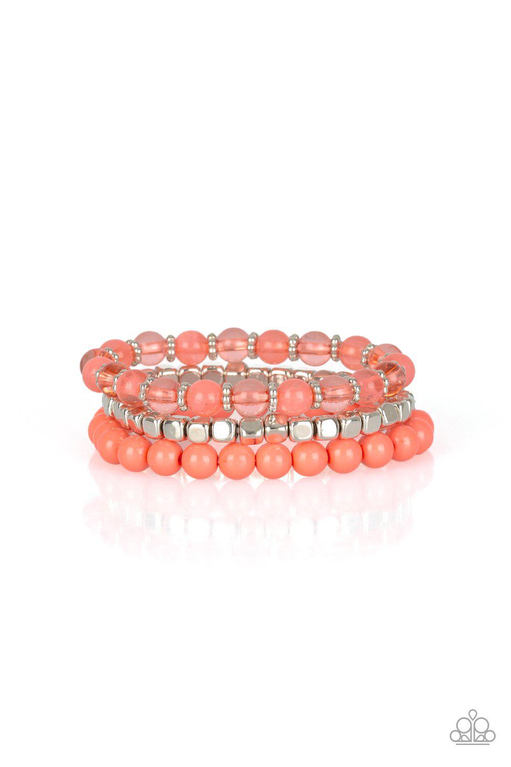 Globetrotter Glam Silver and Coral Bracelet Set - Paparazzi Accessories-CarasShop.com - $5 Jewelry by Cara Jewels