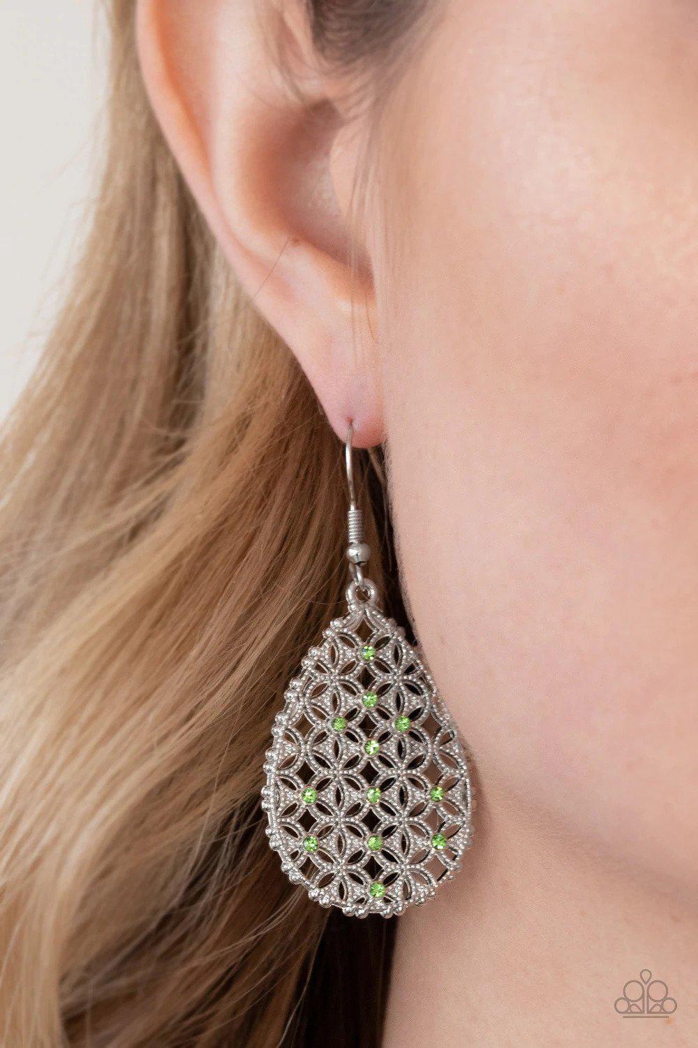 Glorious Gardens Green Earrings - Paparazzi Accessories- on model - CarasShop.com - $5 Jewelry by Cara Jewels