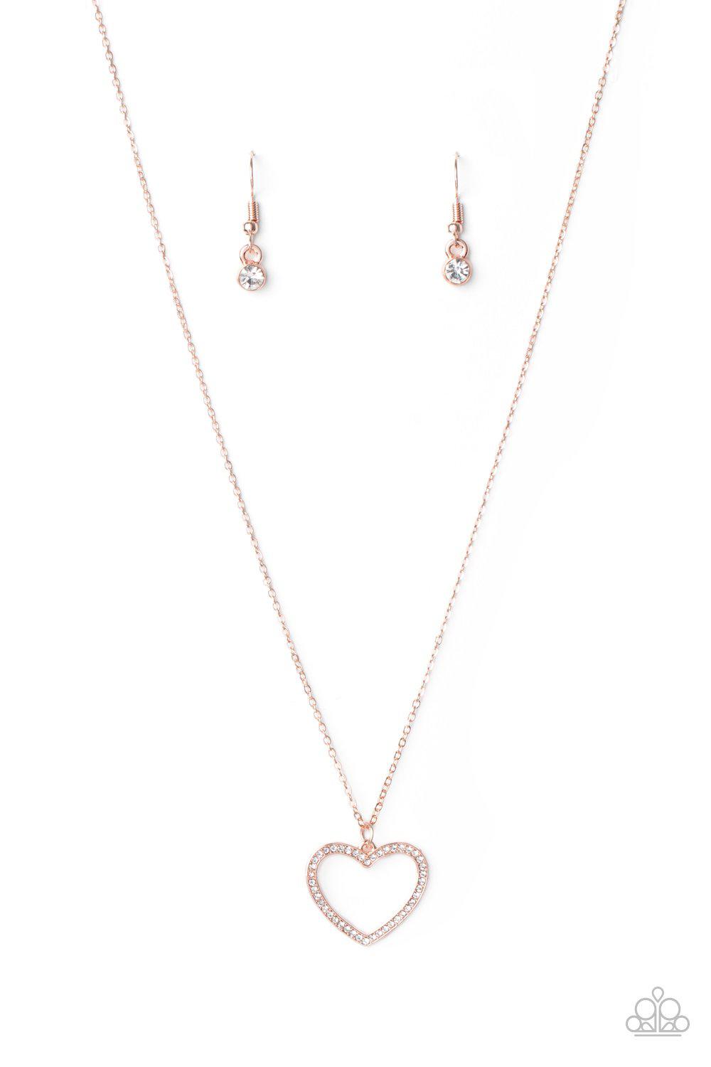 GLOW by Heart Rose Gold and White Rhinestone Heart Necklace - Paparazzi Accessories - lightbox -CarasShop.com - $5 Jewelry by Cara Jewels