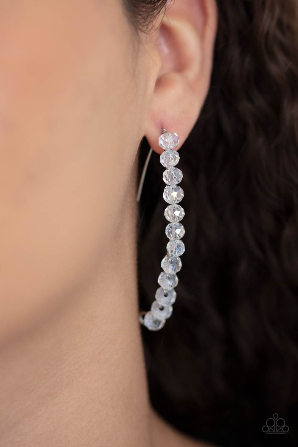 GLOW Hanging Fruit Iridescent White Rhinestone Post Earrings - Paparazzi Accessories- model - CarasShop.com - $5 Jewelry by Cara Jewels