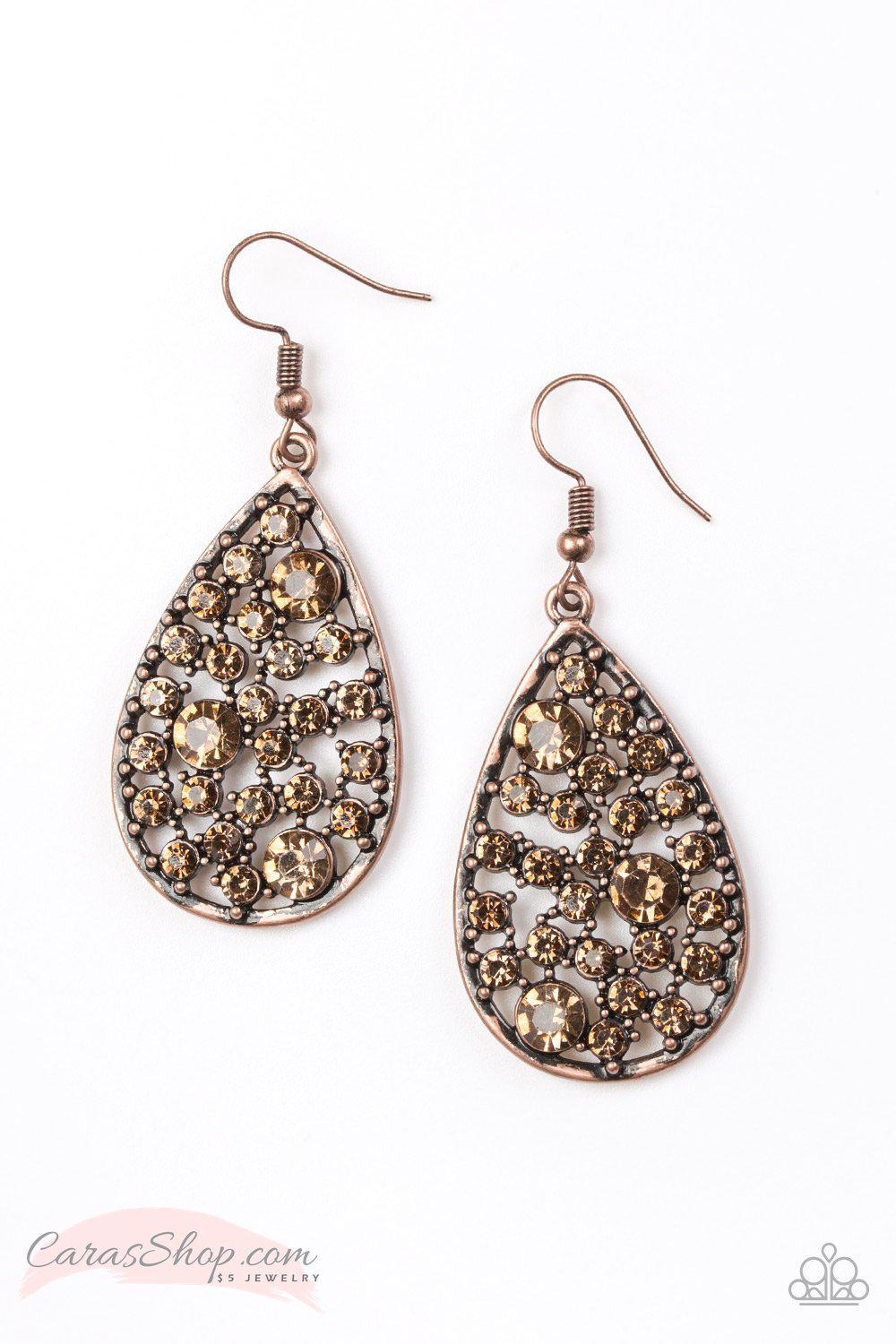 Glow with the Flow Copper Rhinestone Earrings - Paparazzi Accessories-CarasShop.com - $5 Jewelry by Cara Jewels