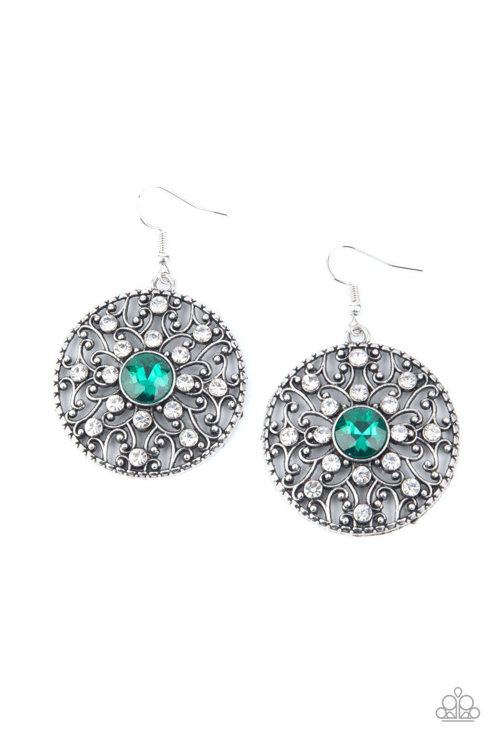 GLOW Your True Colors Green and White Rhinestone Earrings - Paparazzi Accessories - lightbox -CarasShop.com - $5 Jewelry by Cara Jewels