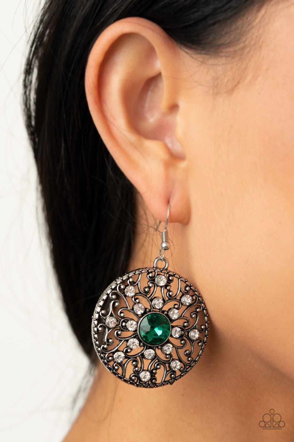 GLOW Your True Colors Green and White Rhinestone Earrings - Paparazzi Accessories - model -CarasShop.com - $5 Jewelry by Cara Jewels