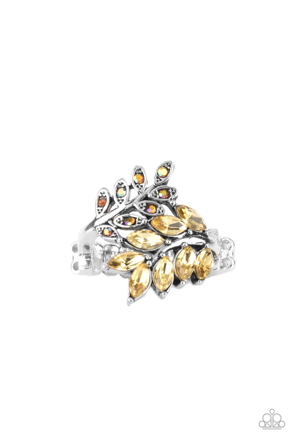 Glowing Gardenista Yellow Rhinestone Ring - Paparazzi Accessories- lightbox - CarasShop.com - $5 Jewelry by Cara Jewels