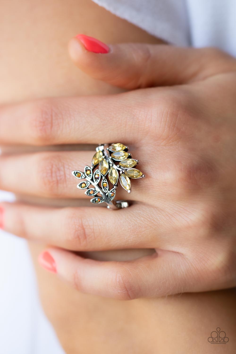 Glowing Gardenista Yellow Rhinestone Ring - Paparazzi Accessories-on model - CarasShop.com - $5 Jewelry by Cara Jewels