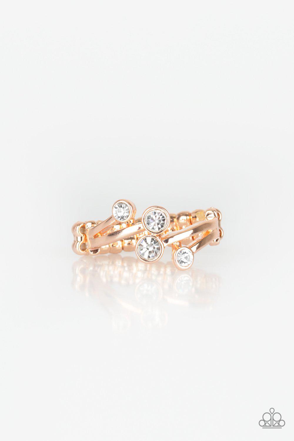 GLOWING Great Places Rose Gold and White Rhinestone Ring - Paparazzi Accessories-CarasShop.com - $5 Jewelry by Cara Jewels