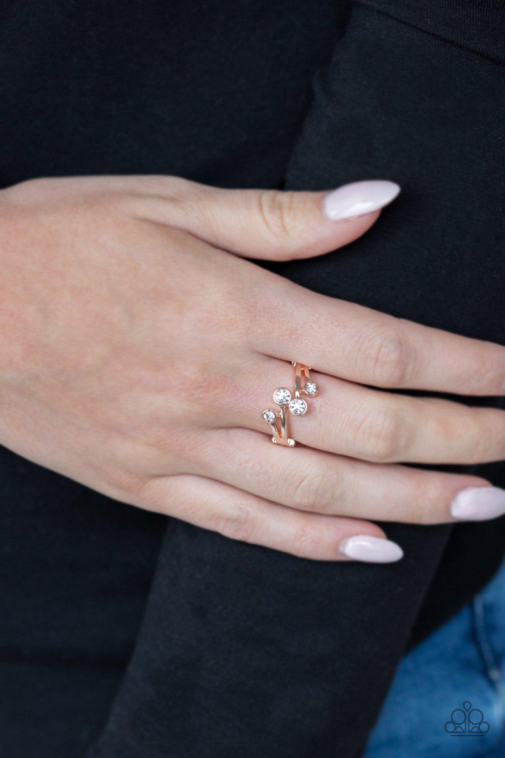 GLOWING Great Places Rose Gold and White Rhinestone Ring - Paparazzi Accessories-CarasShop.com - $5 Jewelry by Cara Jewels