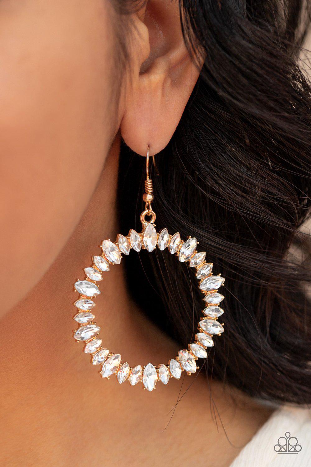 Glowing Reviews Gold and White Rhinestone Earrings - Paparazzi Accessories 2021 Convention Exclusive- model - CarasShop.com - $5 Jewelry by Cara Jewels