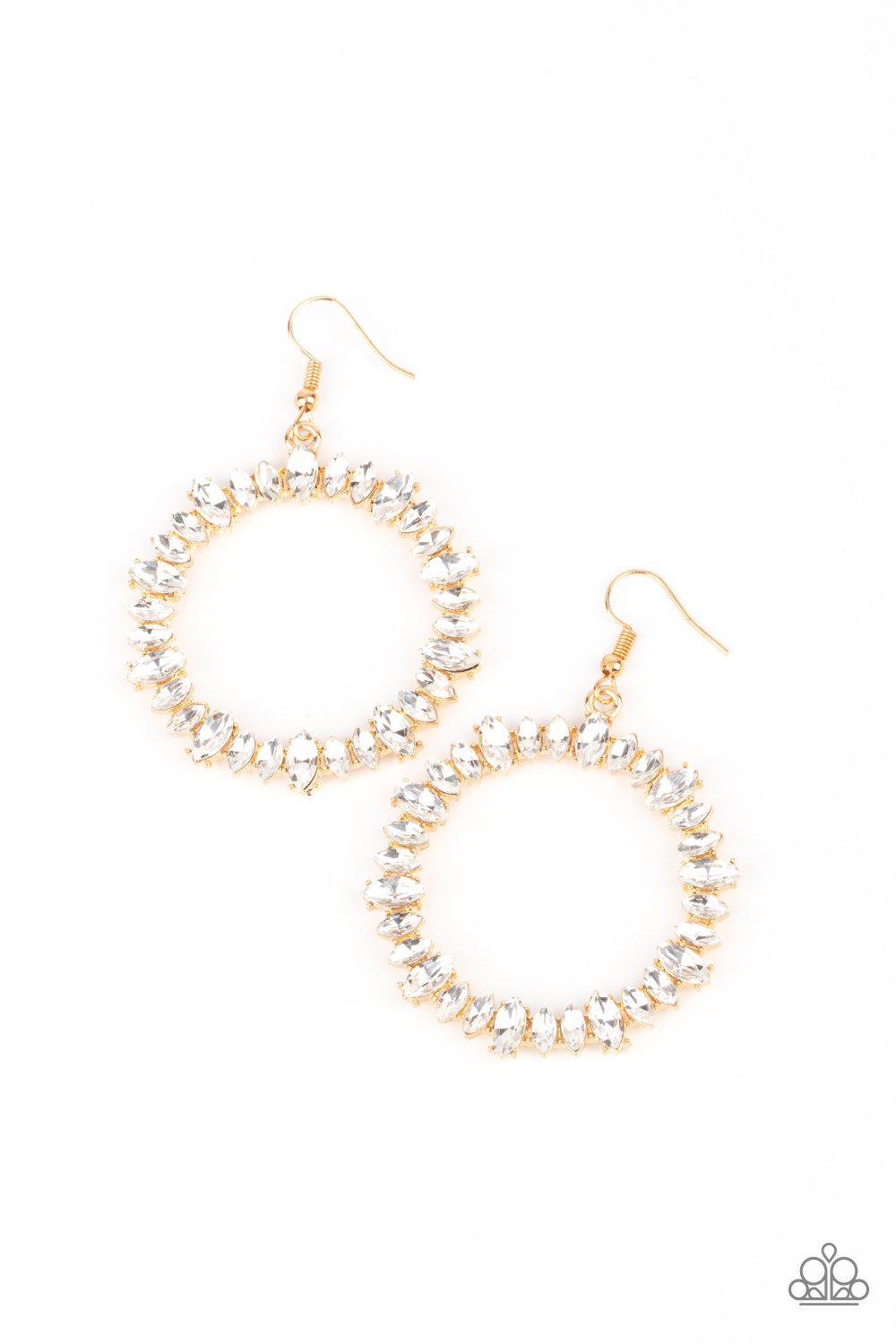 Glowing Reviews Gold and White Rhinestone Earrings - Paparazzi Accessories 2021 Convention Exclusive- lightbox - CarasShop.com - $5 Jewelry by Cara Jewels