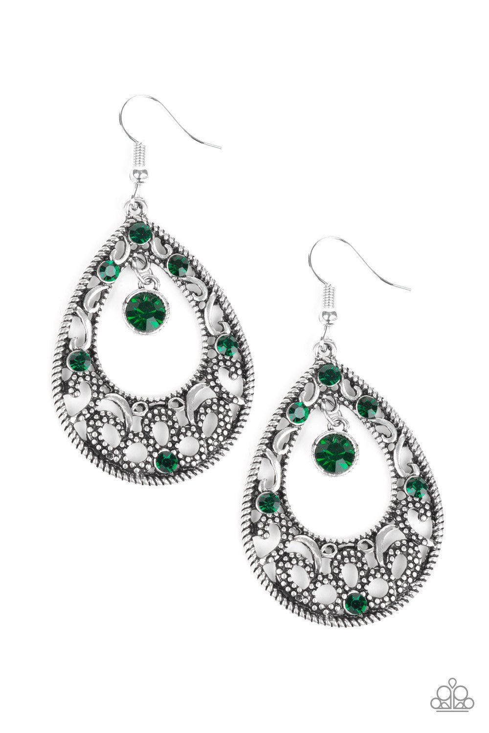 Gotta Get That Glow Green and Silver Earrings - Paparazzi Accessories-CarasShop.com - $5 Jewelry by Cara Jewels
