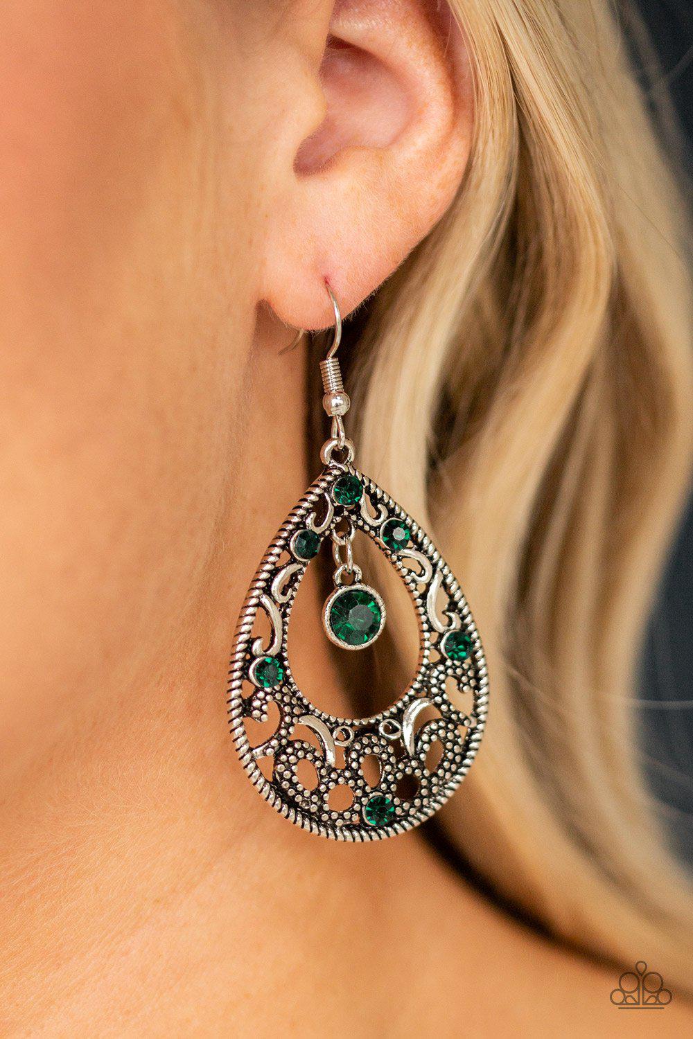 Gotta Get That Glow Green and Silver Earrings - Paparazzi Accessories-CarasShop.com - $5 Jewelry by Cara Jewels