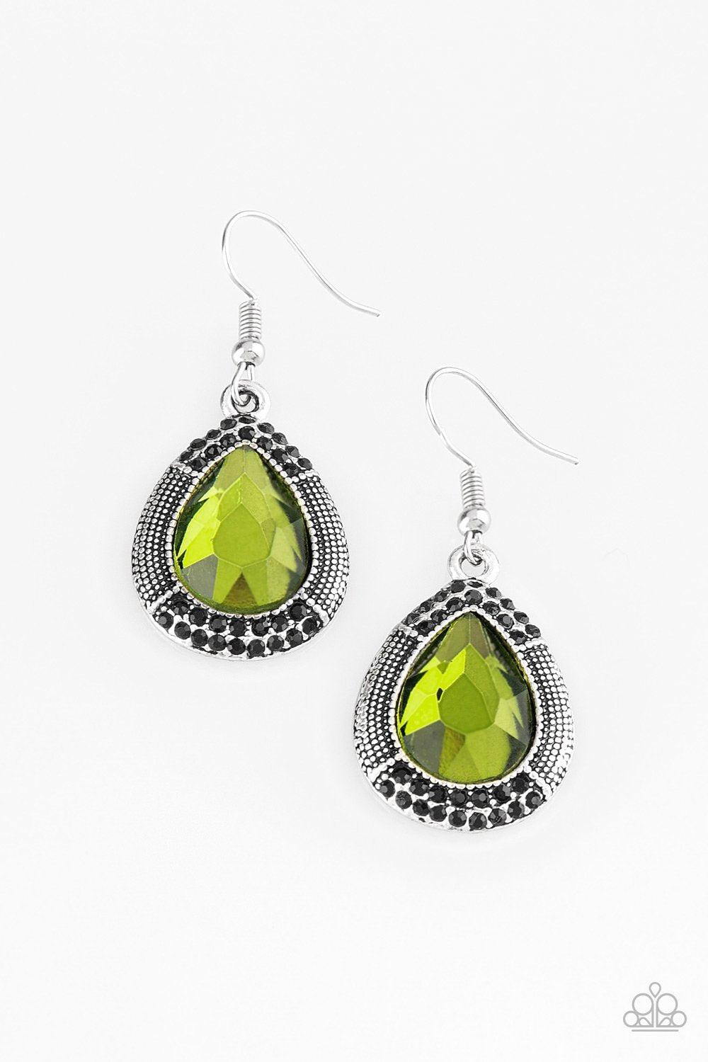 Grandmaster Shimmer Green Gem Earrings - Paparazzi Accessories-CarasShop.com - $5 Jewelry by Cara Jewels