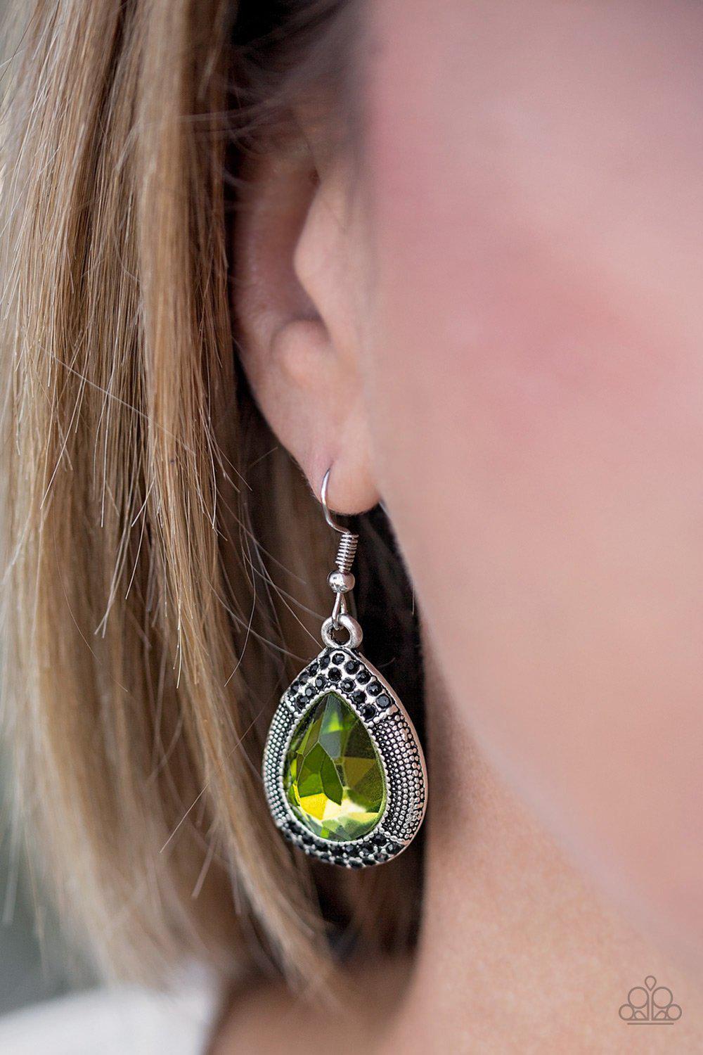 Grandmaster Shimmer Green Gem Earrings - Paparazzi Accessories-CarasShop.com - $5 Jewelry by Cara Jewels