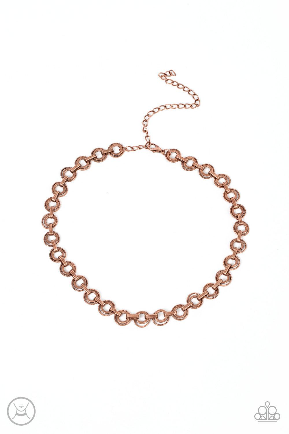 Grit and Grind Copper Choker Necklace - Paparazzi Accessories- lightbox - CarasShop.com - $5 Jewelry by Cara Jewels