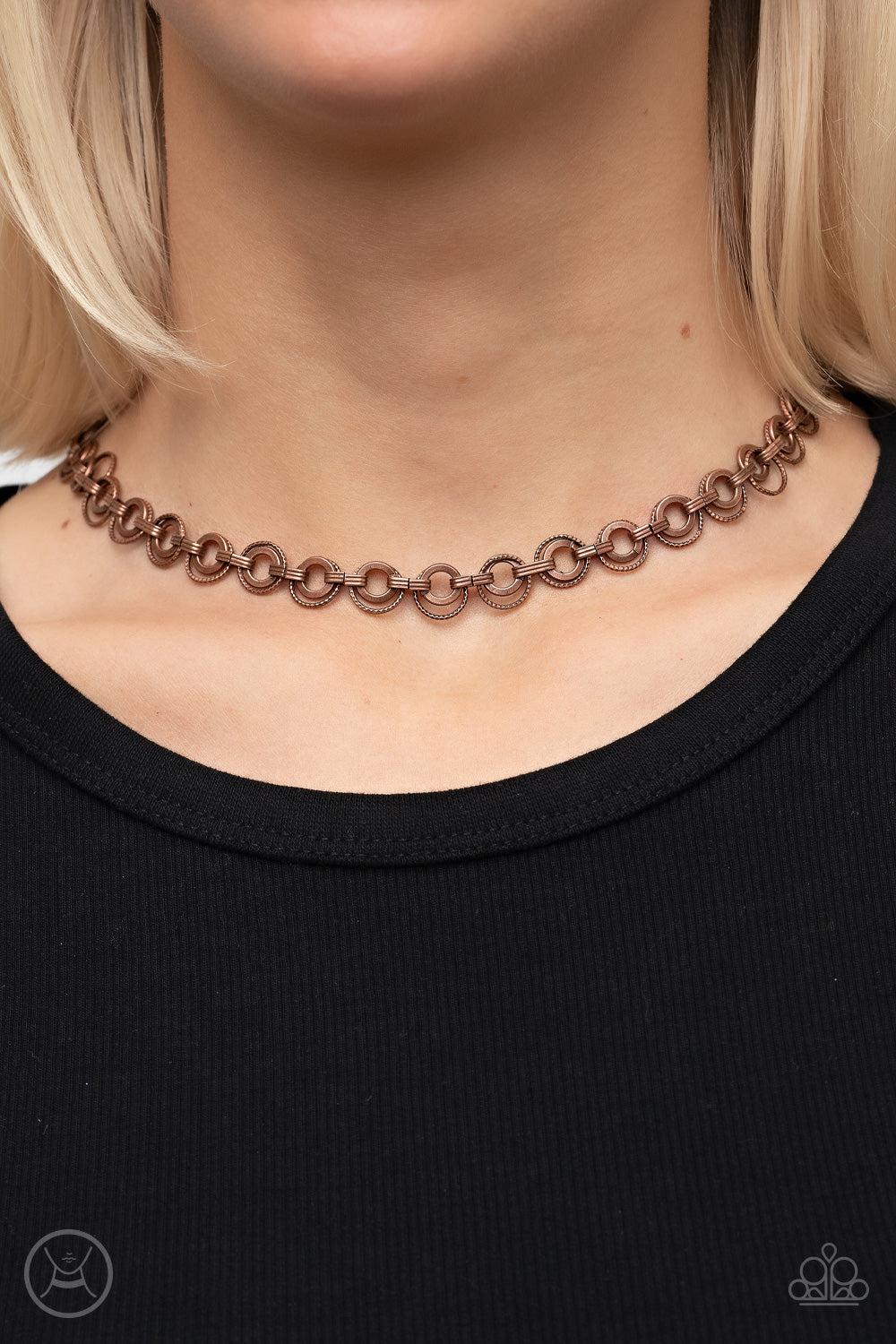 Grit and Grind Copper Choker Necklace - Paparazzi Accessories-on model - CarasShop.com - $5 Jewelry by Cara Jewels