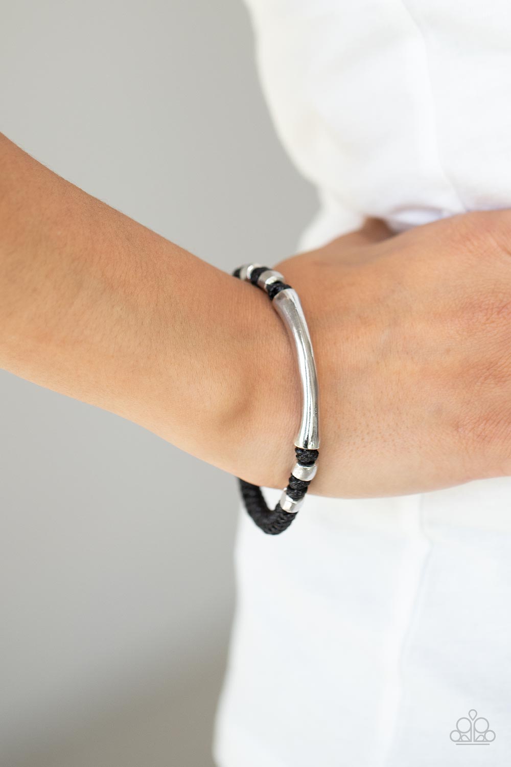 Grounded in Grit Black and Silver Urban Bracelet - Paparazzi Accessories- model - CarasShop.com - $5 Jewelry by Cara Jewels