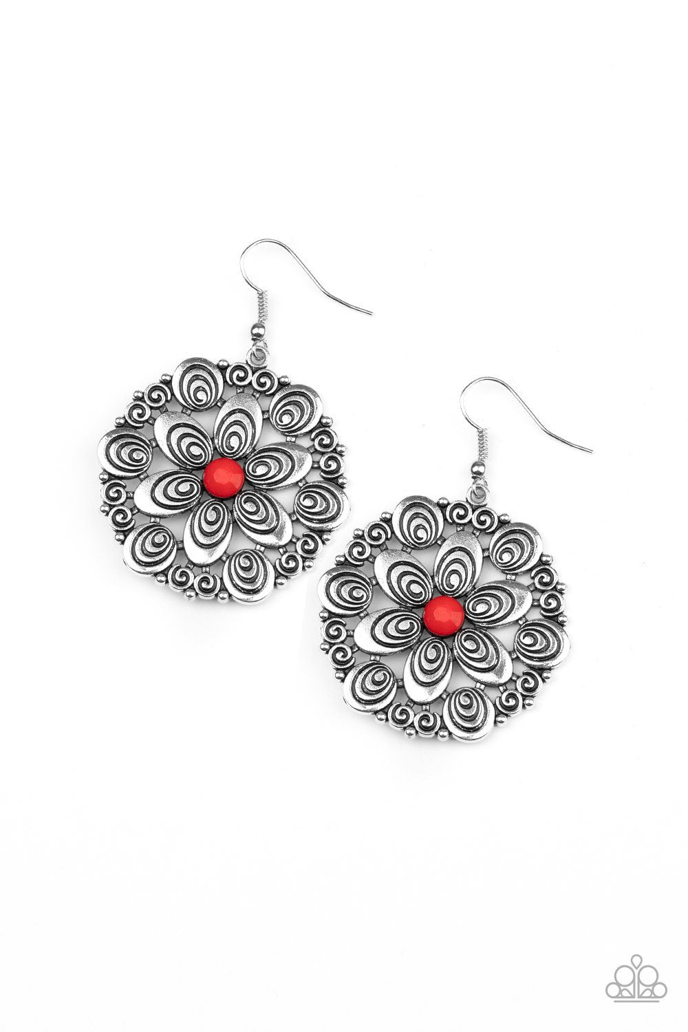 Grove Groove Red and Silver Flower Earrings - Paparazzi Accessories-CarasShop.com - $5 Jewelry by Cara Jewels