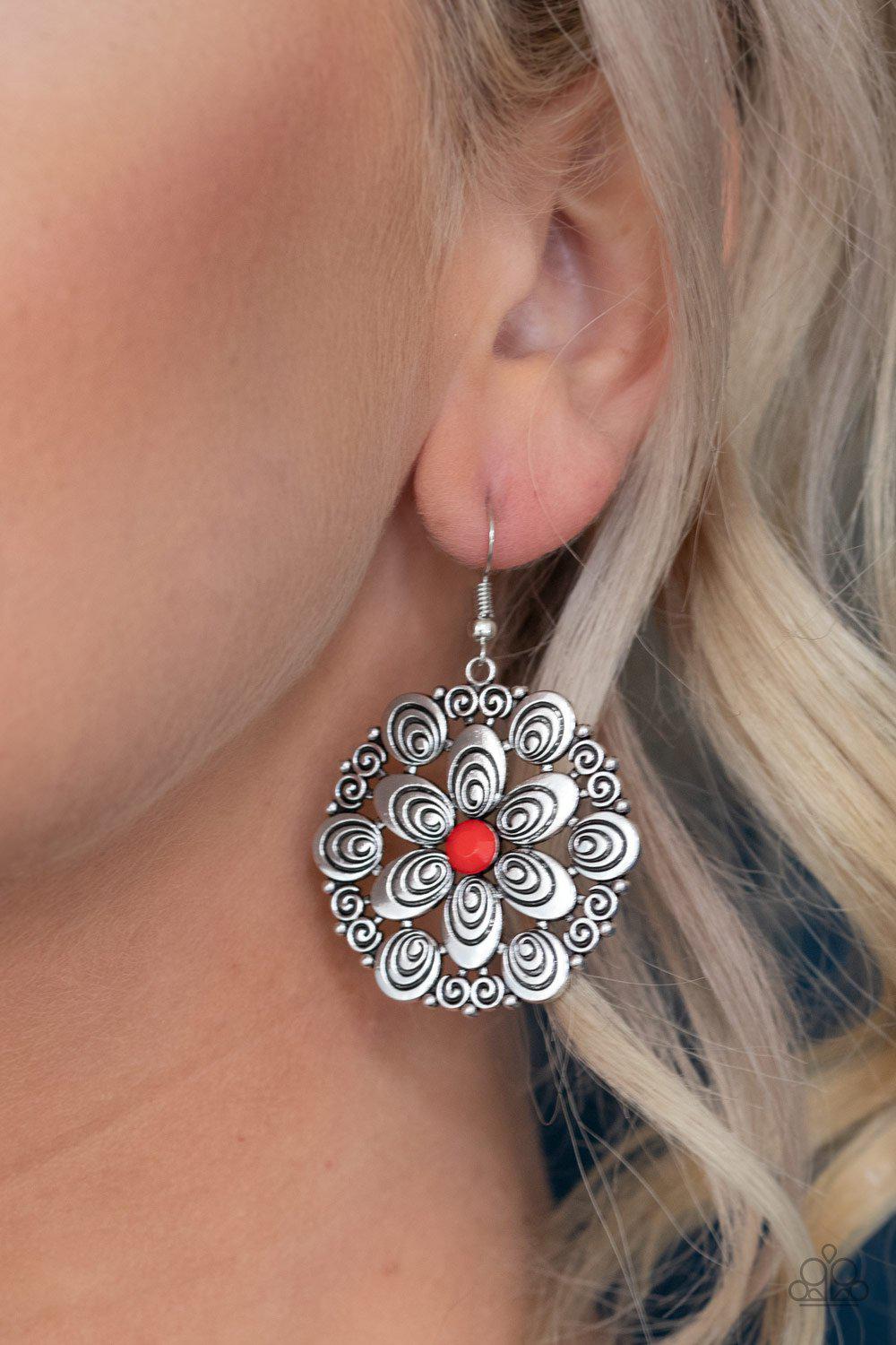 Grove Groove Red and Silver Flower Earrings - Paparazzi Accessories-CarasShop.com - $5 Jewelry by Cara Jewels