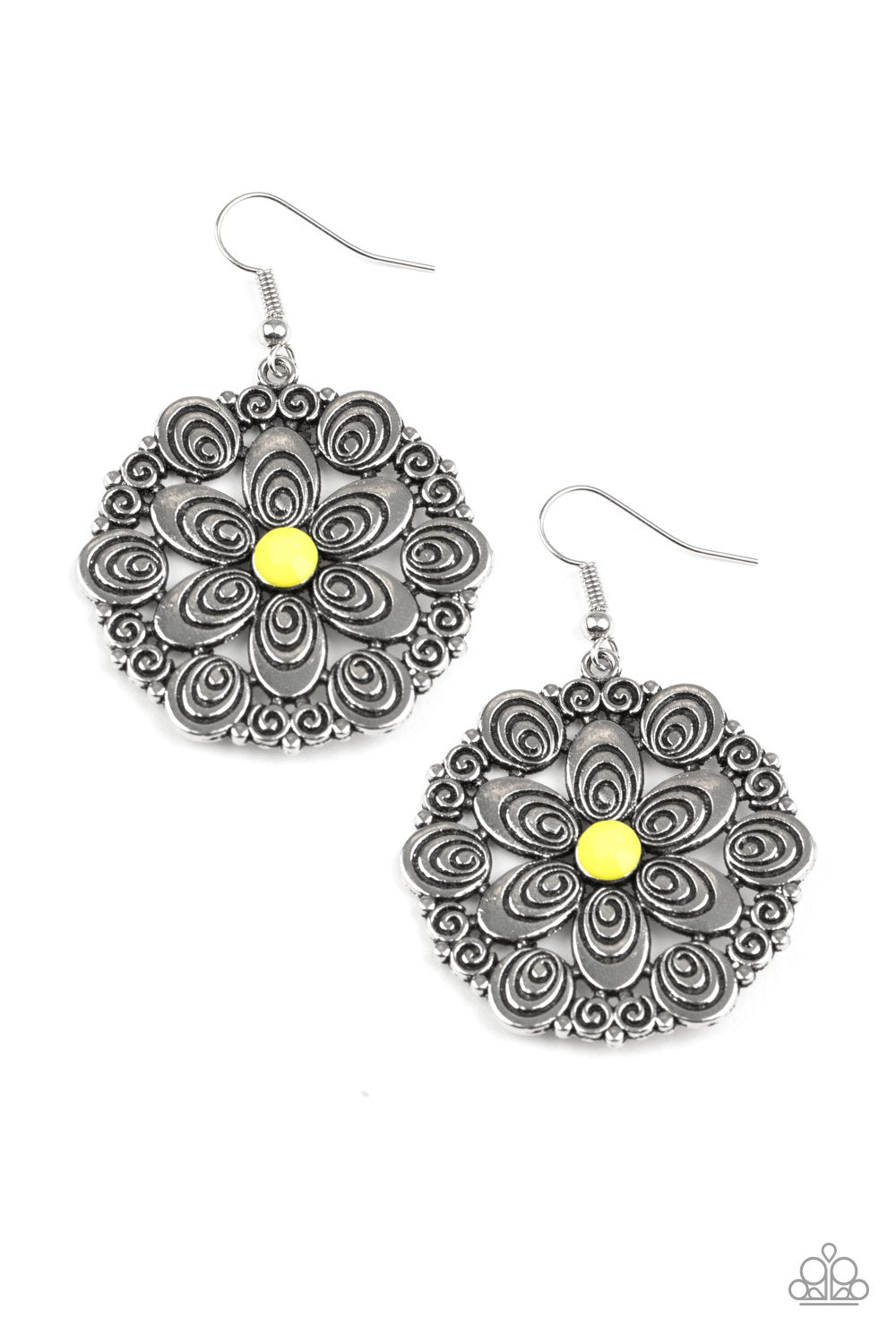 Grove Groove Yellow and Silver Flower Earrings - Paparazzi Accessories-CarasShop.com - $5 Jewelry by Cara Jewels