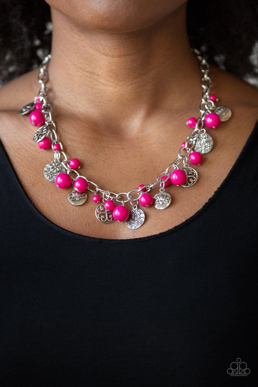 Guru Garden Pink and Silver Flower Charm Necklace - Paparazzi Accessories-CarasShop.com - $5 Jewelry by Cara Jewels